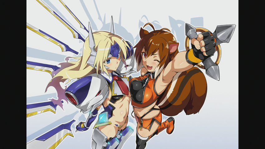 :&lt; ;3 ;d ahoge animal_ears antenna_hair arm_up armor armpits asymmetrical_docking black_gloves black_legwear blazblue blazblue:_chronophantasma blonde_hair blue_eyes blush boots breast_press breasts brown_hair buckle clenched_hand cowboy_shot crop_top crotch_plate elbow_gloves fingerless_gloves floating_hair forehead_protector from_above from_side gloves gradient gradient_background knee_boots large_breasts long_hair looking_at_viewer makoto_nanaya mecha_musume mechanical_wings midriff miniskirt mu-12 multicolored_hair multiple_girls navel necktie neon_trim official_art one_eye_closed open_mouth orange_eyes outline pillarboxed raised_fist robot_ears shadow short_hair side_slit skirt sleeveless small_breasts smile squirrel_ears squirrel_tail standing standing_on_one_leg tail takeda_hiromitsu thighhighs turtleneck two-tone_hair underboob very_long_hair white_background white_hair wings
