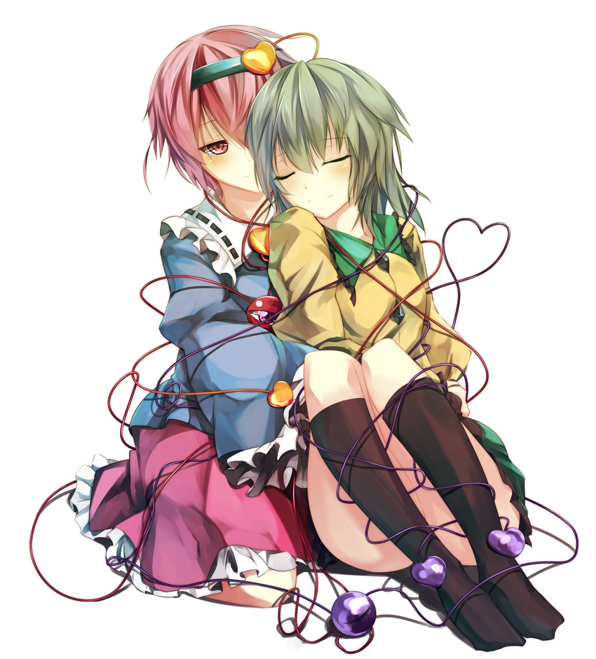 black_legwear closed_eyes convenient_leg entangled gorilla_(bun0615) green_hair hairband halloween happy_halloween happy_tears heart heart_of_string highres hug hug_from_behind kneehighs komeiji_koishi komeiji_satori leaning_on_person long_sleeves multiple_girls no_hat no_headwear no_shirt pink_eyes pink_hair shirt siblings simple_background sisters sitting skirt smile tears third_eye touhou white_background wide_sleeves