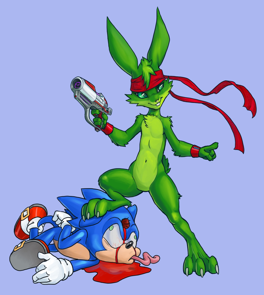 4_fingers 5_fingers absurd_res anthro barefoot black_nose blood blue_background blue_fur buckteeth claws cross-eyed crossover dead death digtigrade duo footwear fur gloves gore grasp green_eyes green_fur green_nose grotesque_death gun happy headgear headshot hedgehog hi_res jackrabbit jazz_jackrabbit lagomorph long_ears looking_away lying mammal navel nude on_floor on_top pencils_(artist) plain_background pointing quills rabbit raised_leg ranged_weapon sega shadow shiny shoes smile sonic_(series) sonic_the_hedgehog squint standing teeth toe_claws weapon white_eyes wristband