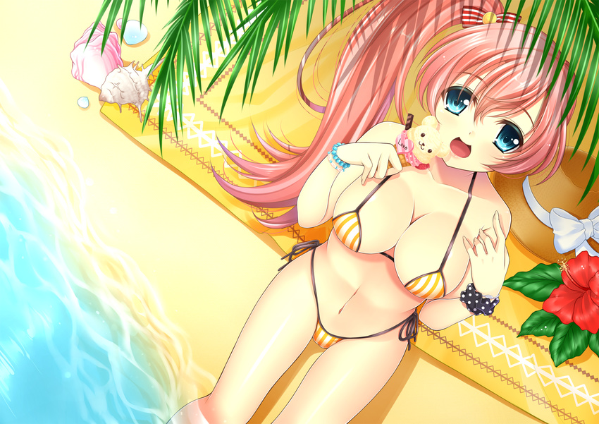 beach bikini blue_eyes breasts cleavage flower food hat hat_removed headwear_removed hibiscus highres large_breasts long_hair original pink_hair shell shirai_mayu sitting solo swimsuit twintails