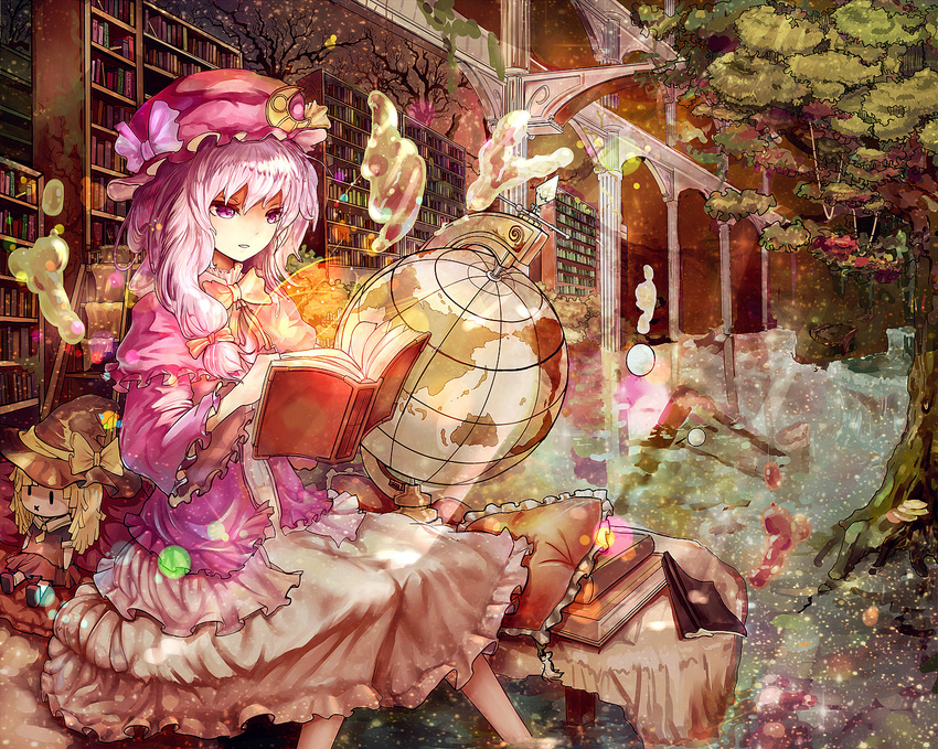 :x adapted_costume blonde_hair book bookshelf bow capelet character_doll crescent dress globe hair_ribbon hat hat_bow hat_ribbon jacket kirisame_marisa kiyomasa_ren ladder library long_hair long_sleeves mob_cap open_clothes open_jacket open_mouth patchouli_knowledge pillow purple_eyes purple_hair reading ribbon sitting solo touhou tree tress_ribbon white_dress wide_sleeves witch_hat |_|