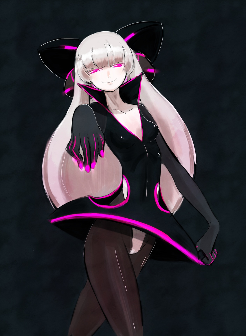 bodysuit borrowed_character breasts collar colored_eyelashes crossed_legs electro_alice fingernails highres kuzu_king long_hair medium_breasts neon_trim open_collar original outstretched_arm panties panties_over_pantyhose pantyhose silver_hair smile solo standing thighs underwear