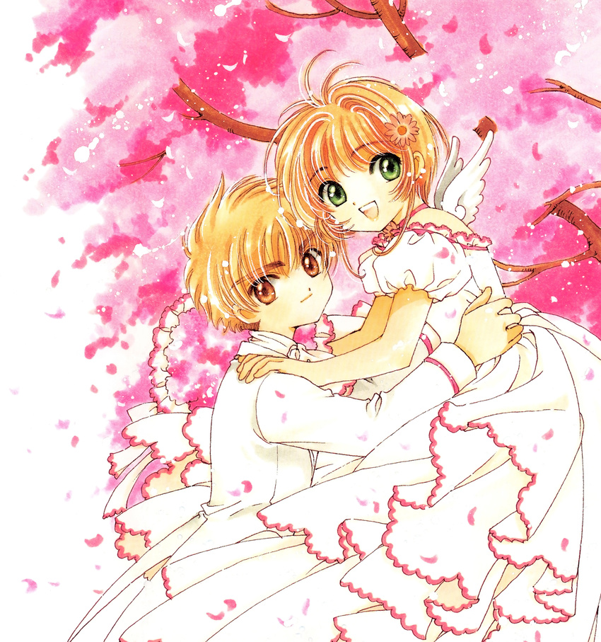 1girl 90s :d absurdres brown_eyes brown_hair cardcaptor_sakura cherry_blossoms clamp dress flower formal frilled_dress frills green_eyes hetero highres kinomoto_sakura li_xiaolang magical_girl official_art open_mouth scan short_hair smile suit white_dress white_suit wings