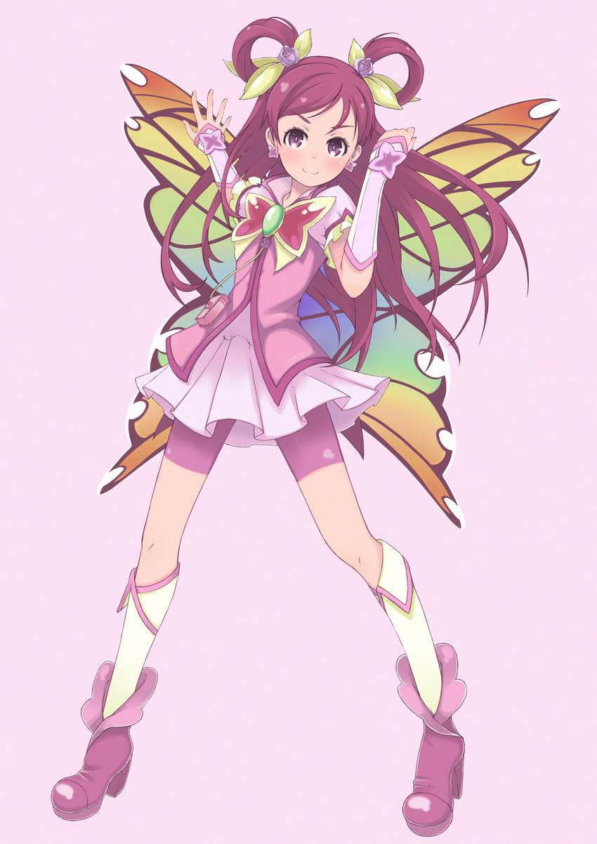 arm_warmers bad_id bad_pixiv_id bike_shorts boots butterfly_wings cure_dream earrings galaxea gradient gradient_background hair_ornament hair_rings high_heels highres jewelry long_hair looking_at_viewer magical_girl multicolored multicolored_wings pink pink_background pink_eyes pink_hair pink_shorts pink_skirt precure ribbon shorts shorts_under_skirt skirt smile solo vest wings yes!_precure_5 yes!_precure_5_gogo! yumehara_nozomi