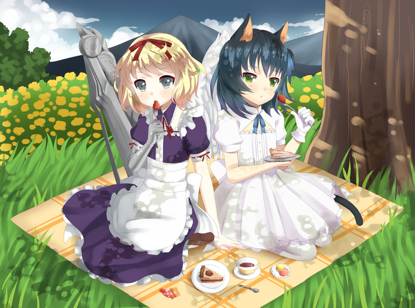 1girl angel angel_wings animal_ears apron asymmetrical_wings blonde_hair blue_hair borrowed_character cake candy cassie_(acerailgun) cat_ears cat_tail cloud cup cyborg day dress eating feathered_wings field flat_chest flower flower_field food fork fruit gloves grass green_eyes grey_eyes hair_ribbon highres kiki_(tsunya) macaron maid_apron mechanical_arm mechanical_wings mountain original otoko_no_ko outdoors pantyhose picnic plate ribbon ryoune_yami seiza single_glove sitting sky slice_of_cake spoon strawberry tail tea teacup tree white_gloves wings