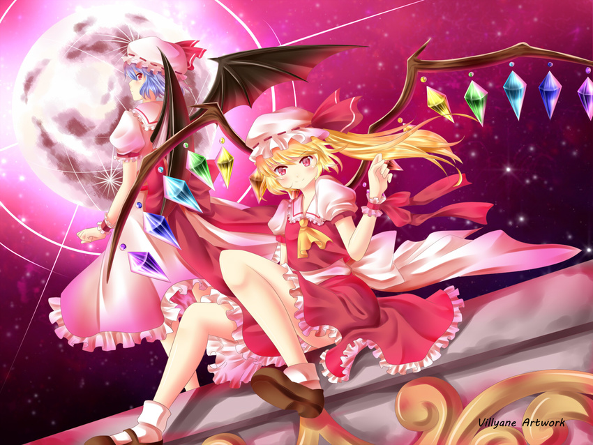 2girls blonde_hair blue_hair dress flandre_scarlet hat long_hair moon red_eyes remilia_scarlet short_hair stars touhou vampire villyane watermark wings