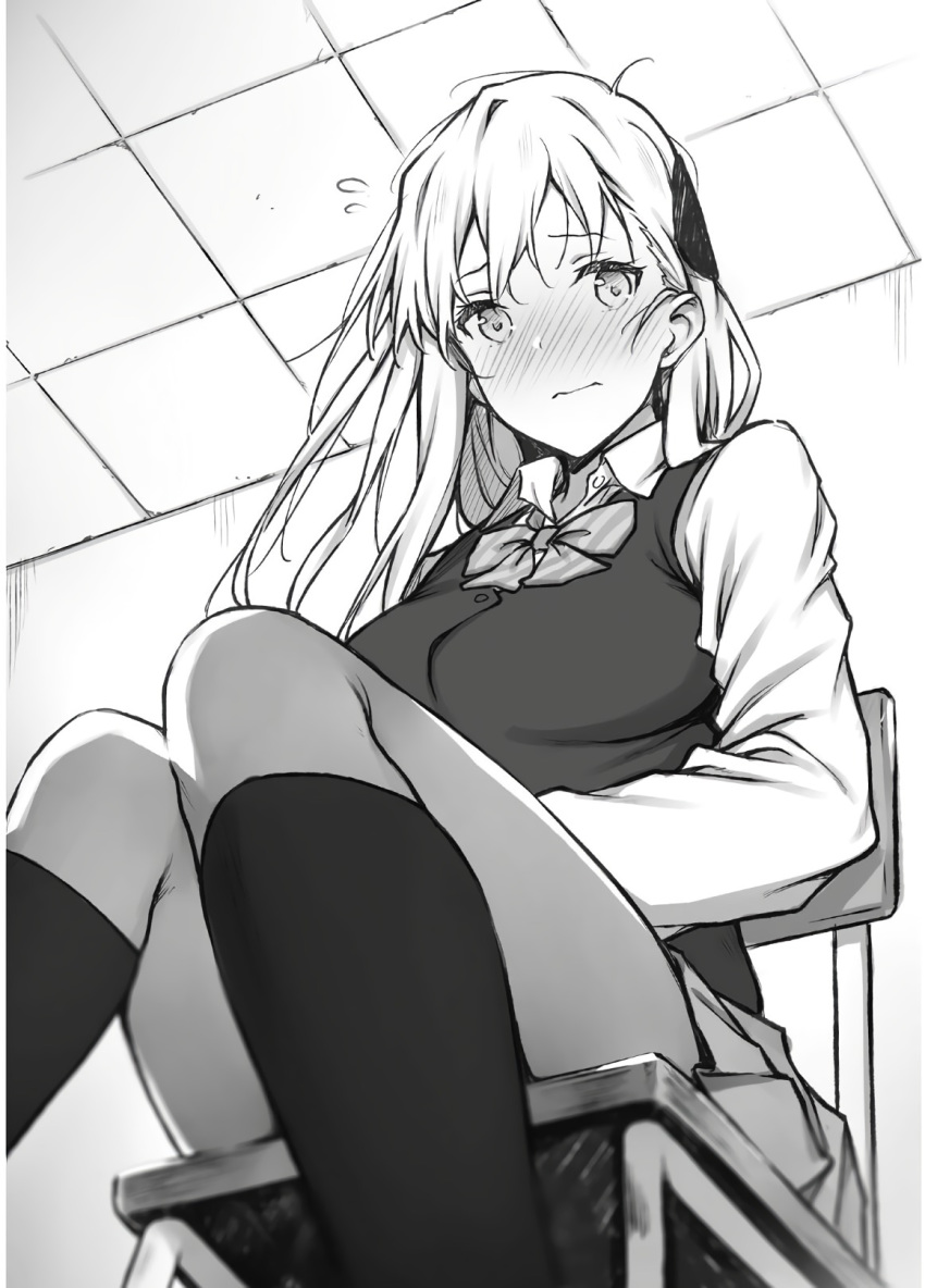 1girl blush from_below gamers! greyscale hair_ornament highres kneehighs long_hair long_sleeves looking_at_viewer miniskirt monochrome novel_illustration official_art pleated_skirt saboten shirt sitting skirt solo striped striped_neckwear sweater_vest tendou_karen