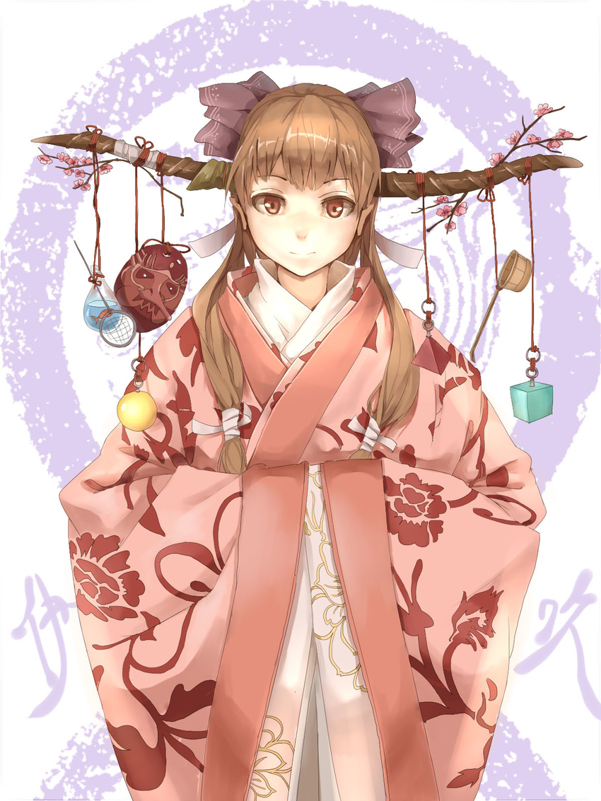 alternate_costume alternate_hairstyle bad_id bad_pixiv_id bag blonde_hair bow brown_eyes cherry_blossoms face_mask fish floral_print hair_bow hands_in_opposite_sleeves highres horns huanxiang_heitu ibuki_suika japanese_clothes kimono ladle long_hair long_sleeves looking_at_viewer mask smile solo touhou twig twintails weights wide_sleeves