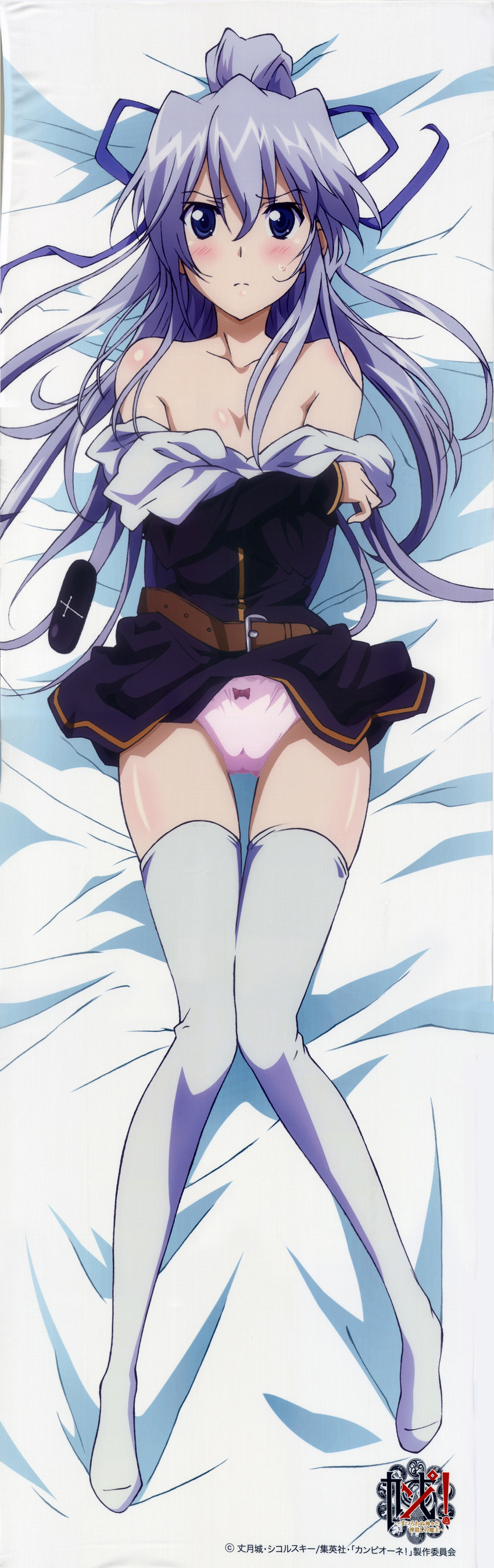 absurdres bed bed_sheet belt blue_eyes blush bow bow_panties campione! copyright_name dakimakura full_body highres liliana_kranjcar long_hair looking_at_viewer lying off_shoulder official_art on_back on_bed panties purple_hair solo thigh_gap thighhighs underwear white_legwear