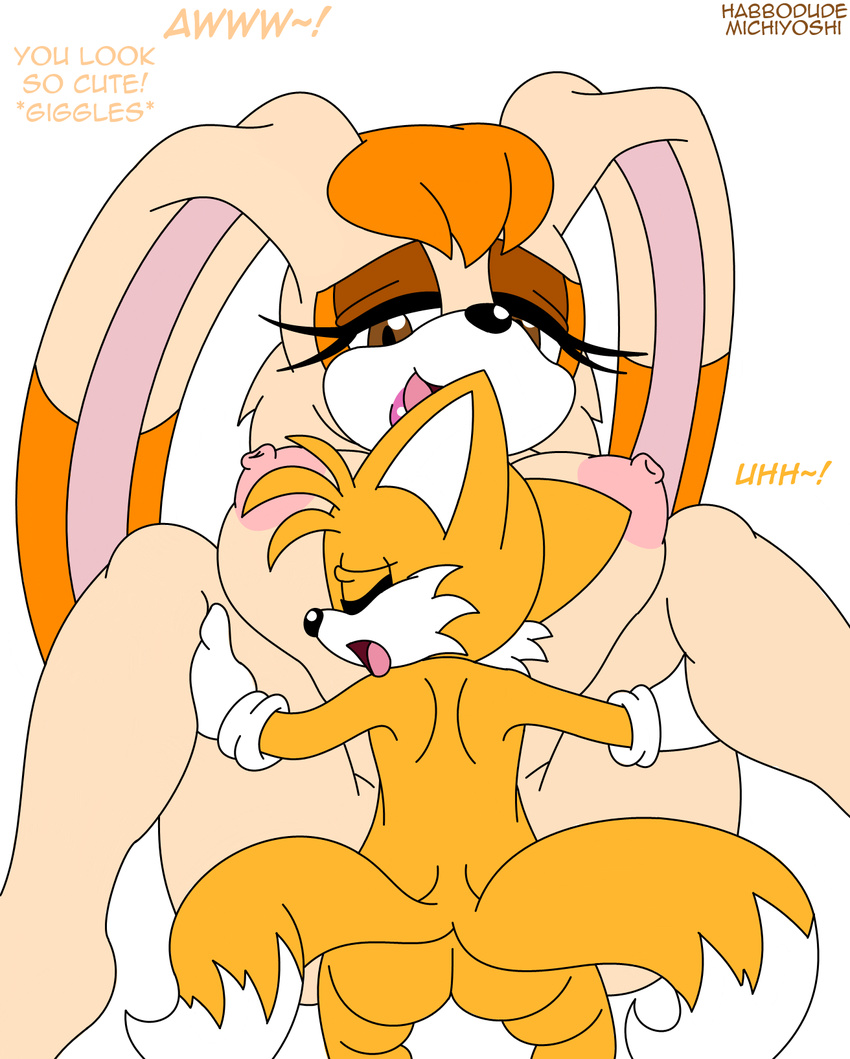 anthro areola big_breasts breasts brown_eyes butt canine duo english_text erect_nipples eyes_closed female fox habbodude hair huge_breasts lagomorph lying male mammal michiyoshi miles_prower milf missionary_position mother nipples nude on_back orange_hair parent penetration rabbit sega sex size_difference smile sonic_(series) spread_legs spreading straight text toony vanilla_the_rabbit young