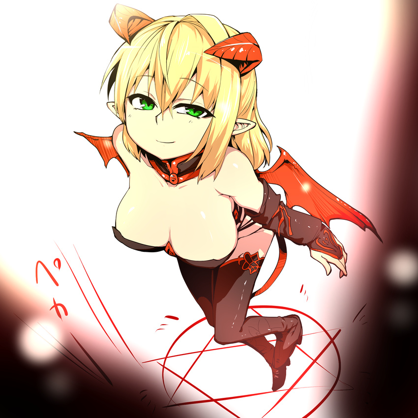alternate_costume bad_id bad_pixiv_id bare_shoulders blonde_hair breasts bridal_gauntlets cleavage demon_girl demon_tail demon_wings detached_collar detached_sleeves green_eyes harness hexagram highres horns large_breasts looking_at_viewer mizuga mizuhashi_parsee pointy_ears short_hair solo succubus tail thighhighs touhou wings