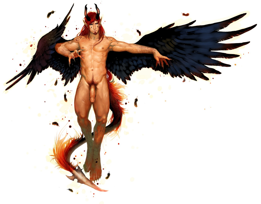 biceps claws demon feather hair horn male muscles pecs penis plain_background pockyrumz pose red_hair solo tattoo wings