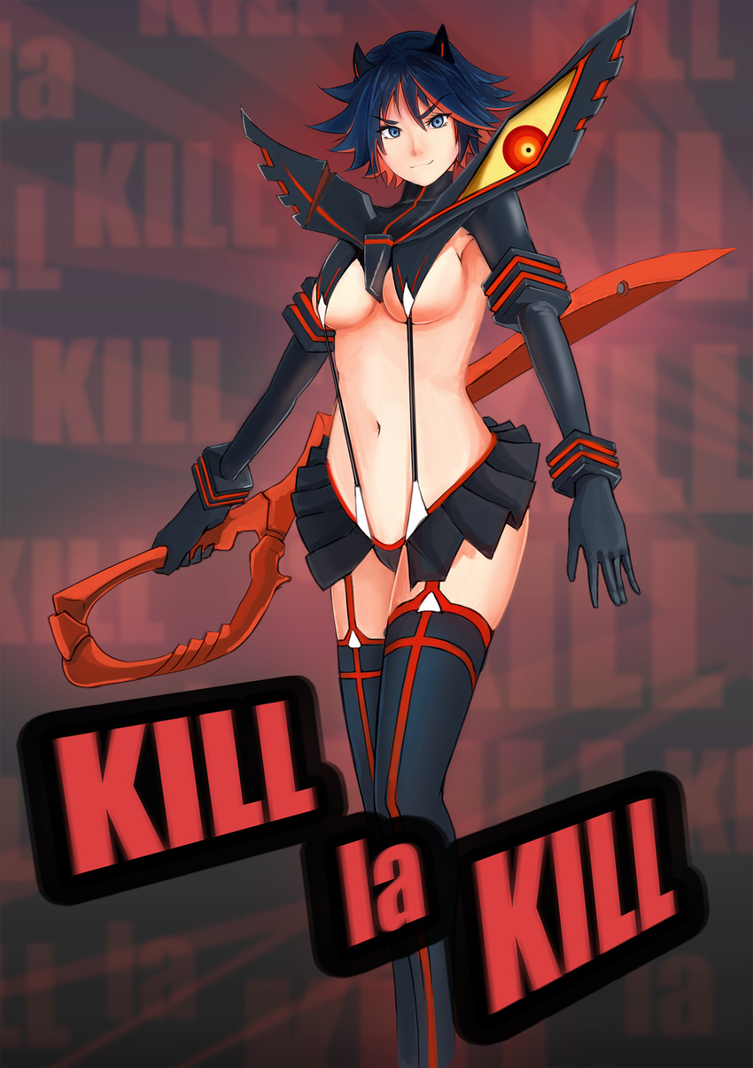 bad_id bad_pixiv_id black_hair blue_eyes breasts gloves highres kill_la_kill large_breasts matoi_ryuuko midriff multicolored_hair murimu navel revealing_clothes school_uniform scissor_blade senketsu serafuku short_hair skirt smile solo suspenders sword thighhighs two-tone_hair weapon