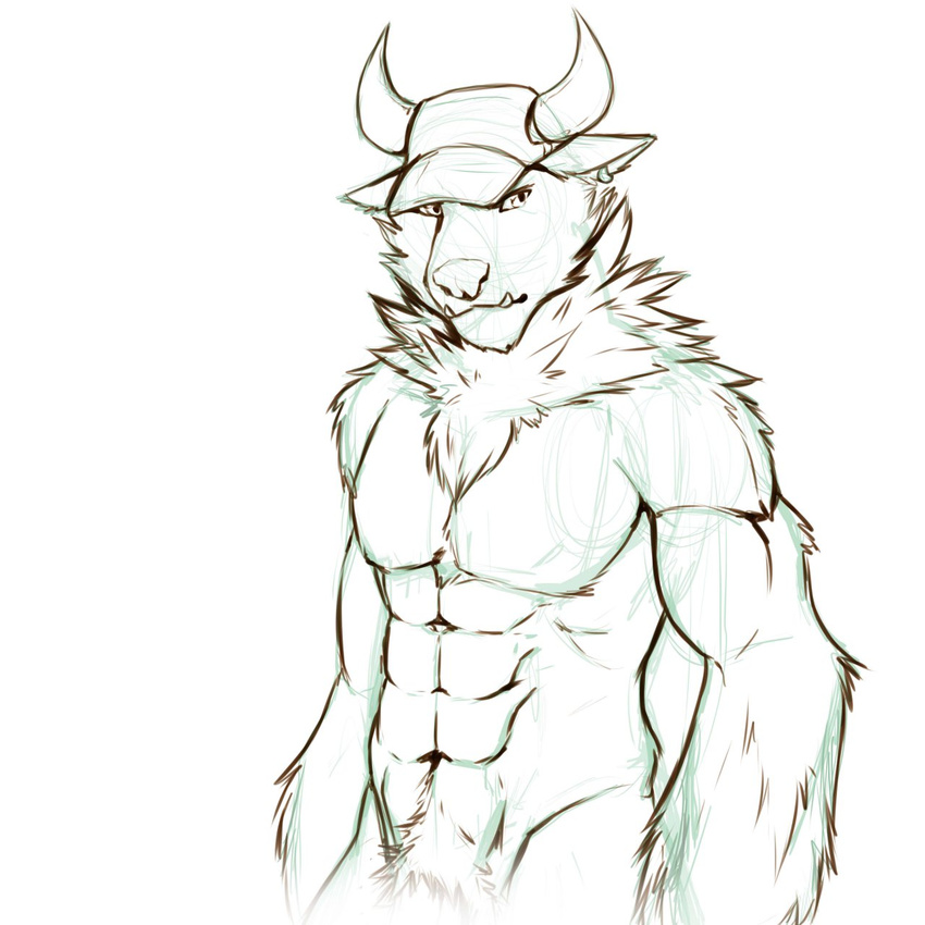 anthro biceps bison bovine buffalo canine chest_tuft fenrir fenrir_(rrowdybeast) fur hat horn hybrid line_art male mammal monochrome muscles nude pecs plain_background pose rrowdybeast shynjy sketch solo standing tuft wolf