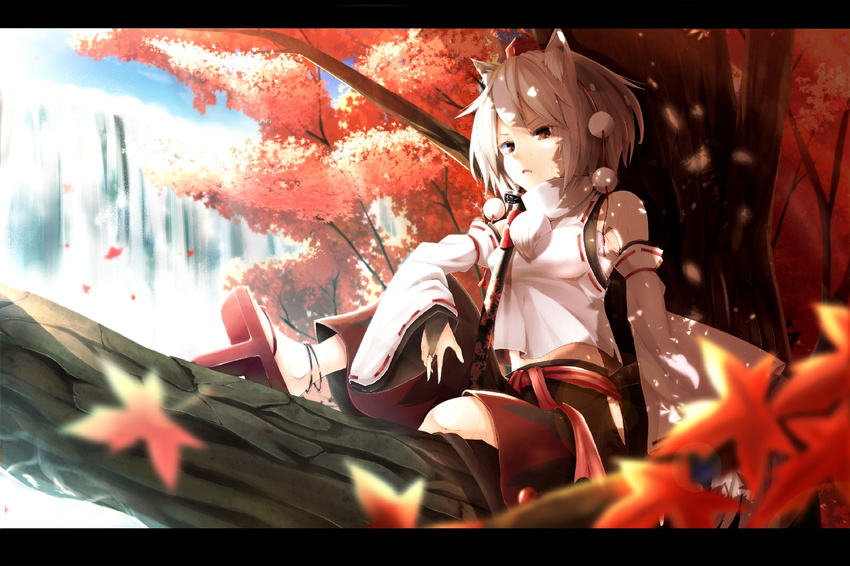 animal_ears bad_id bad_pixiv_id detached_sleeves fami_(yellow_skies) hat highres in_tree inubashiri_momiji leaf letterboxed maple_leaf red_eyes short_hair sitting sitting_in_tree solo sword tail tokin_hat touhou tree tree_shade water waterfall weapon white_hair wolf_ears wolf_tail