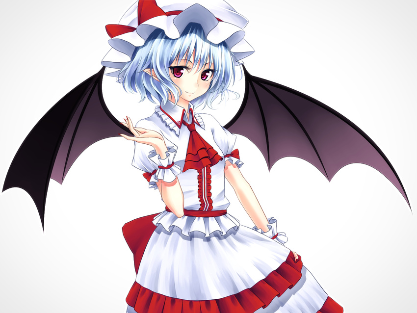 ascot bat_wings blouse blue_hair bow collared_shirt fang fingernails frilled_shirt frilled_skirt frills hat hat_bow highres junior27016 large_bow layered_skirt looking_at_viewer mob_cap pointy_ears puffy_sleeves red_eyes remilia_scarlet ribbon shirt short_sleeves simple_background skirt skirt_hold skirt_set smile solo standing touhou white_shirt white_skirt wings wrist_cuffs