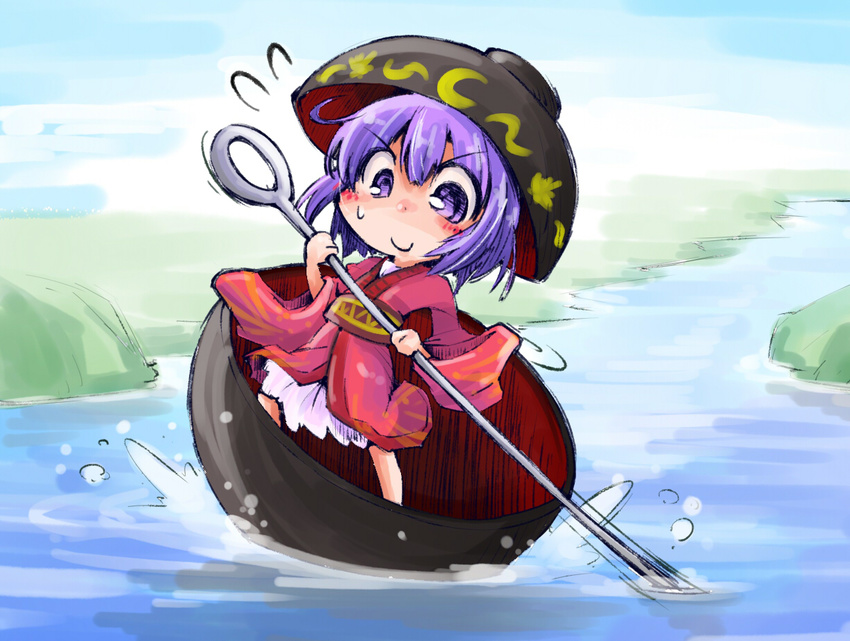 boat bowl bowl_hat flying_sweatdrops hat holding_needle japanese_clothes kimono minigirl needle paddling purple_eyes purple_hair river shinapuu smile sukuna_shinmyoumaru touhou watercraft