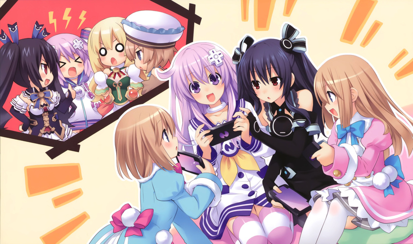 &gt;_&lt; :d :o absurdres bare_shoulders black_hair blanc blonde_hair blue_eyes blush bow brown_hair choujigen_game_neptune_mk2 closed_eyes collar cut-in d-pad d-pad_hair_ornament detached_collar detached_sleeves dress elbow_gloves emblem fingerless_gloves frilled_hat frills game_cg gloves hair_ornament hair_ribbon hat highres holding lightning_bolt long_hair long_sleeves looking_at_another multiple_girls nepgear neptune_(choujigen_game_neptune) neptune_(series) noire o_o official_art open_mouth outstretched_arm pantyhose playing_games profile purple_eyes purple_hair purple_legwear ram_(choujigen_game_neptune) red_eyes ribbon rom_(choujigen_game_neptune) school_uniform serafuku siblings sisters sitting smile striped striped_legwear thighhighs tsunako twintails two_side_up uni_(choujigen_game_neptune) vert white_gloves white_legwear