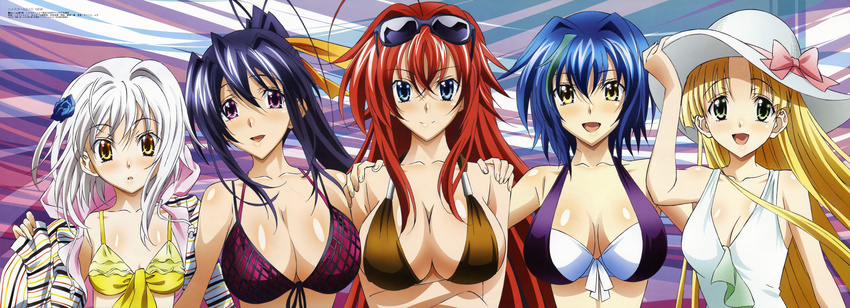 absurdres ahoge asia_argento bikini black_hair blonde_hair blue_hair blush body_blush breasts cleavage eyewear_on_head flat_chest front-tie_top gotou_junji hat high_school_dxd highres himejima_akeno huge_ahoge incredibly_absurdres large_breasts long_hair long_image looking_at_viewer megami multiple_girls non-web_source official_art ponytail red_hair rias_gremory short_hair silver_hair smile stick_poster sunglasses swimsuit toujou_koneko very_long_hair xenovia_quarta yellow_eyes