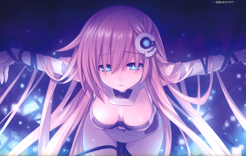 absurdres bangs bdsm bent_over blue_eyes blush bondage bound bound_arms bound_legs breasts breasts_apart bright_pupils cable choujigen_game_neptune_mk2 cleavage_cutout cowboy_shot elbow_gloves game_cg gloves glowing hair_between_eyes hair_ornament half-closed_eyes highres lavender_hair leotard long_hair looking_at_viewer magical_girl medium_breasts nepgear neptune_(series) official_art outstretched_arms parted_lips power_symbol purple_sister raised_eyebrows scan solo spread_arms symbol-shaped_pupils tsunako very_long_hair white_gloves