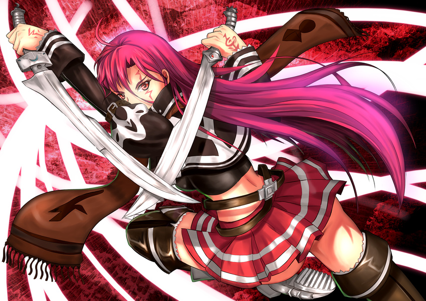 absurdres ahoge belt boots brown_footwear crossed_swords dual_wielding from_behind highres holding holding_sword holding_weapon long_hair looking_at_viewer looking_back original pink_eyes pink_hair scarf skirt soyokaze sword tattoo thigh_boots thighhighs weapon zettai_ryouiki