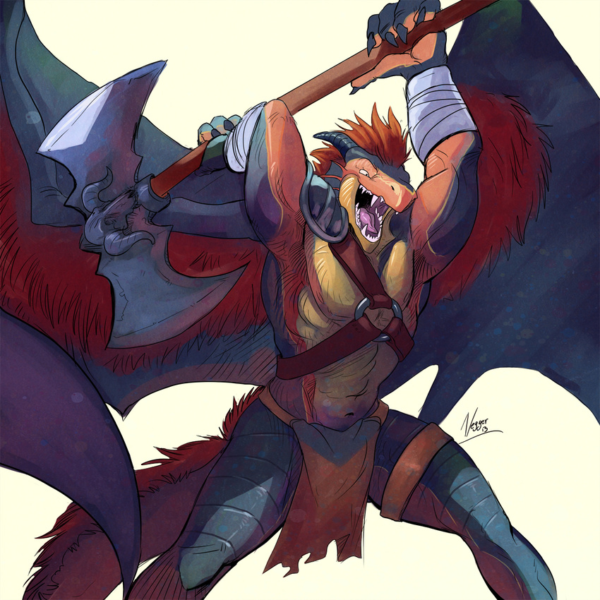 anthro armor armpits axe bandage dragon fight hair loincloth male negger plain_background pose red_hair solo sulfer sulferdragon weapon