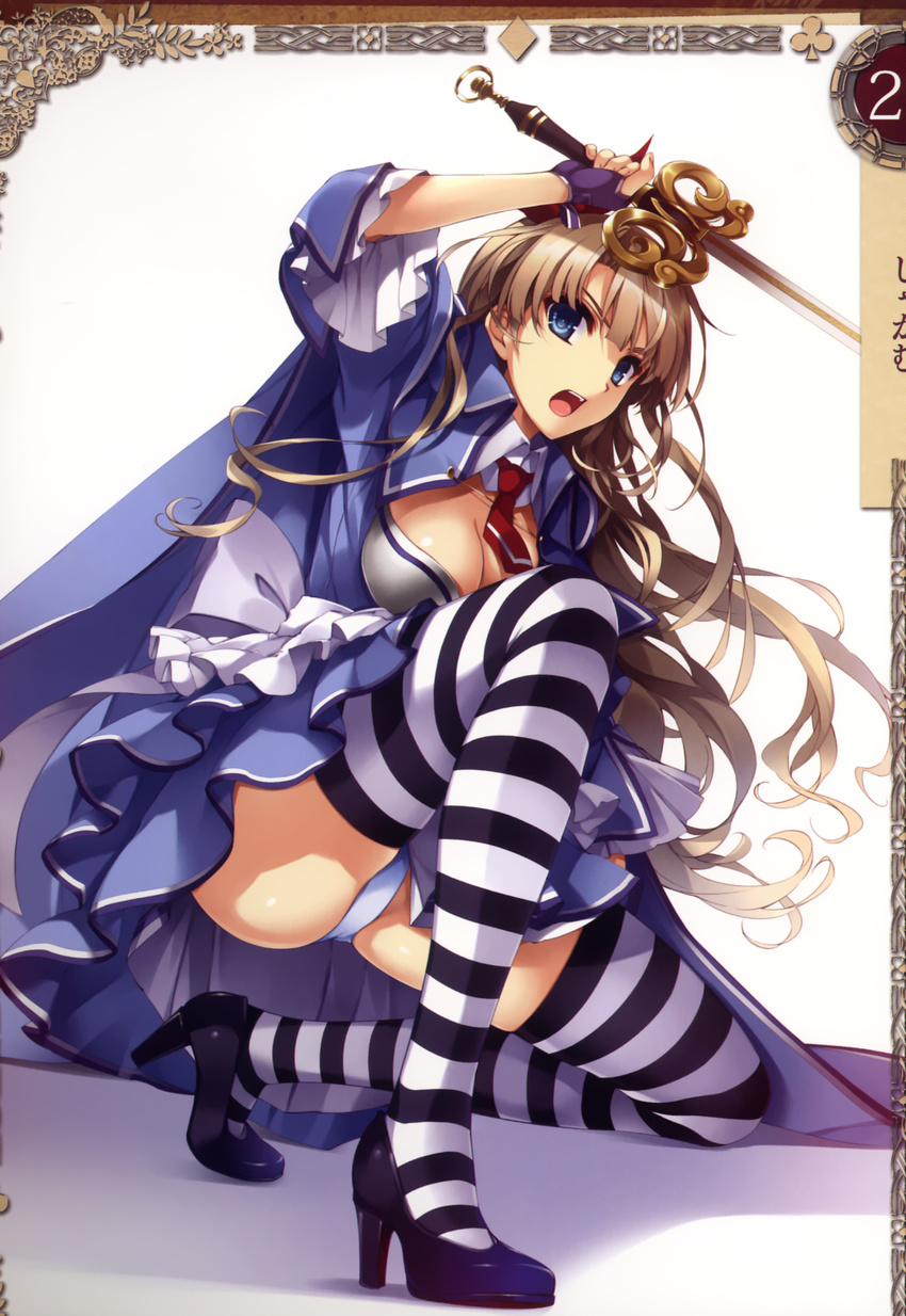 alicia_(queen's_blade) bangs blue_eyes breasts brown_hair cape cleavage fingerless_gloves gloves hair_ribbon high_heels highres holding holding_weapon long_hair medium_breasts misaki_kurehito non-web_source official_art one_knee open_mouth panties pantyshot queen's_blade queen's_blade_grimoire ribbon scan short_sleeves simple_background skirt solo striped striped_legwear sword underwear weapon white_background white_panties wide_sleeves