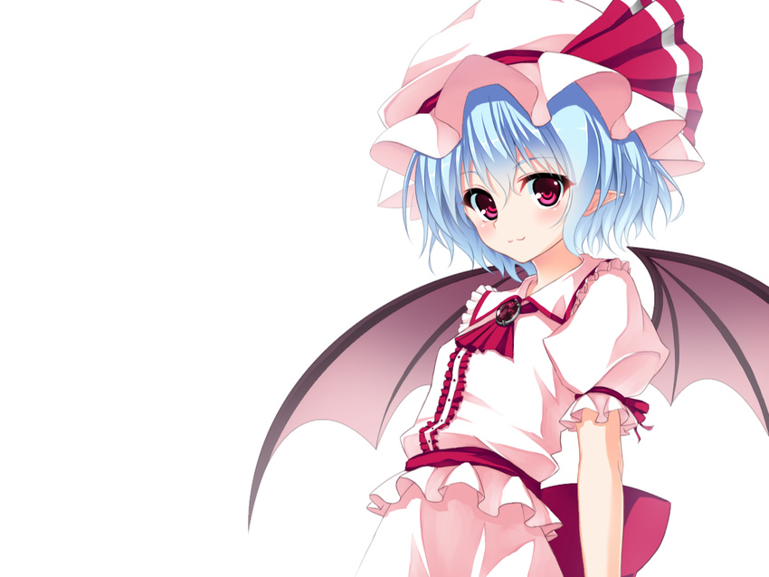 :3 ascot bat_wings blouse blue_hair bow brooch buttons collared_shirt dress frilled_dress frilled_shirt frilled_skirt frills hat hat_bow jewelry junior27016 large_bow looking_at_viewer mob_cap pointy_ears puffy_sleeves red_eyes remilia_scarlet ribbon shirt short_sleeves simple_background skirt skirt_set solo touhou white_background wings