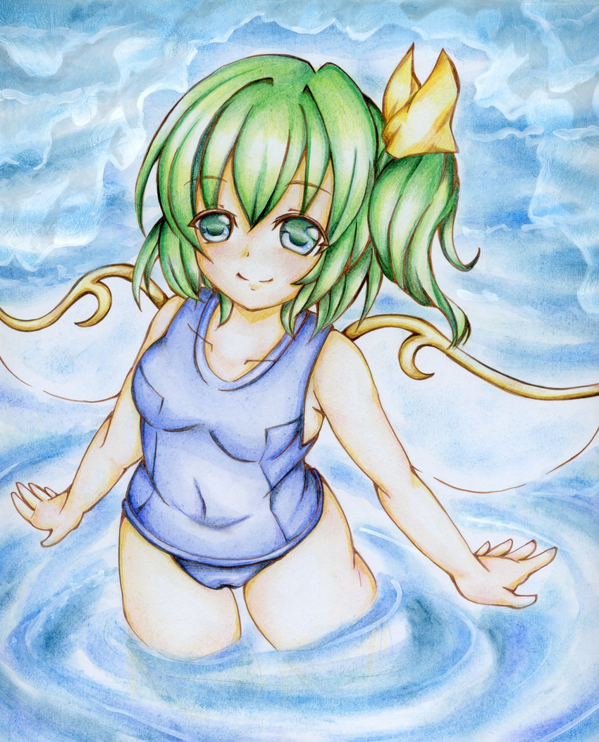 absurdres alternate_costume breasts cameltoe cloud cloudy_sky collarbone colored_pencil_(medium) daiyousei fairy_wings green_eyes green_hair hair_ribbon highres kuropotechi looking_at_viewer medium_breasts one-piece_swimsuit open_hand outstretched_wrists pastel_(medium) ribbon school_swimsuit short_hair side_ponytail sky smile solo swimsuit touhou traditional_media wading water wings