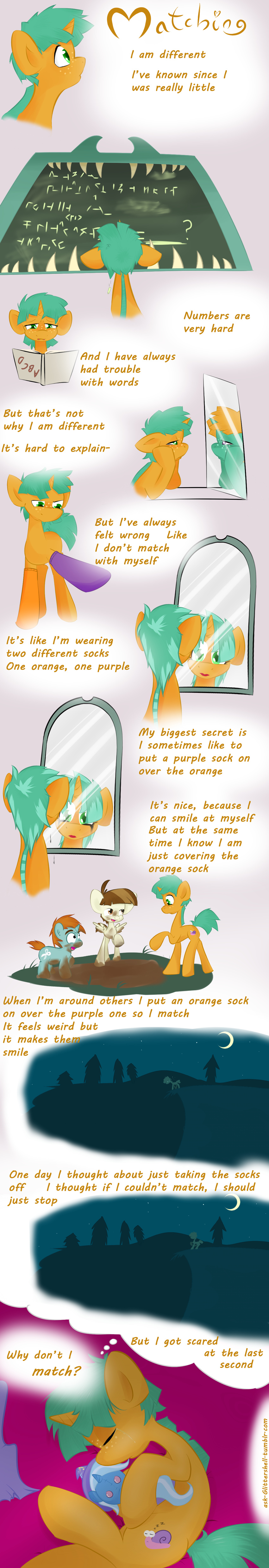 blonde_hair book brown_eyes brown_hair chalkboard comic crossdressing cub cutie_mark english_text equine eyes_closed featherweight_(mlp) feral friendship_is_magic fur girly grass green_body green_eyes green_hair grey_fur group hair horn horse kryptchild male mammal mirror moon mud my_little_pony night orange_hair plushie pony sad snails_(mlp) snips_(mlp) socks stars tears text tree unicorn white_feathers white_fur yellow_fur young