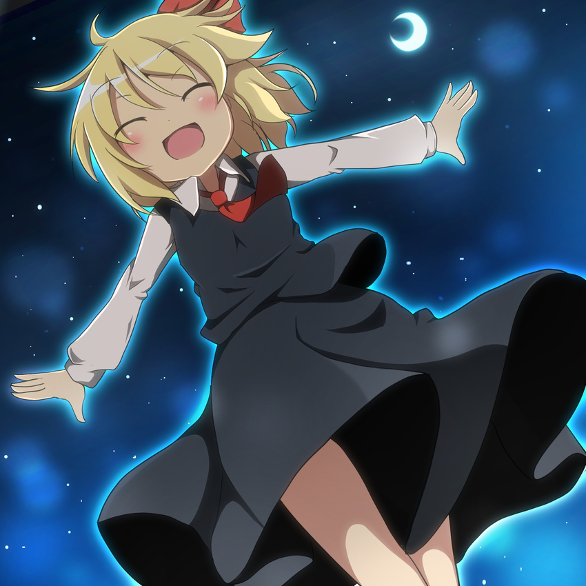 blonde_hair blush closed_eyes crescent_moon do_(4-rt) hair_ribbon highres moon night night_sky open_mouth outstretched_arms ribbon rumia short_hair skirt sky smile solo touhou