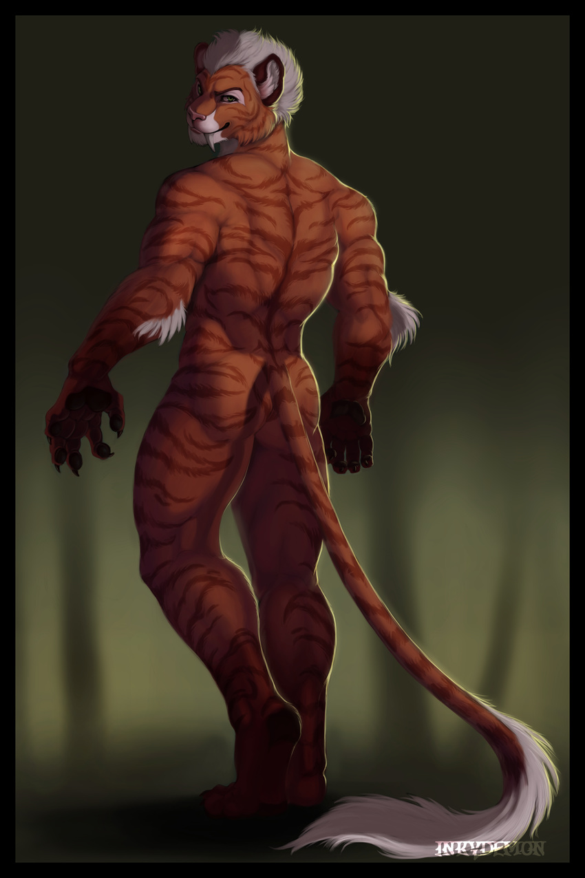 anthro back back_turned biceps butt claws fangs feline fur green_eyes hair inkydemon looking_at_viewer looking_back male mammal muscles nude orange_fur pawpads paws pink_nose pinup pose sabertooth short_hair smile solo standing tail_tuft tiger toe_claws tuft white_hair