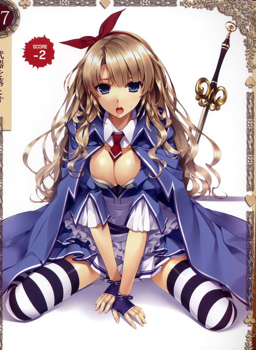 alicia_(queen's_blade) bangs blue_eyes breasts brown_hair cape cleavage fingerless_gloves gloves hair_ribbon highres long_hair looking_at_viewer medium_breasts misaki_kurehito non-web_source official_art open_mouth pleated_skirt queen's_blade queen's_blade_grimoire ribbon scan short_sleeves simple_background sitting skirt solo striped striped_legwear sword wariza weapon white_background
