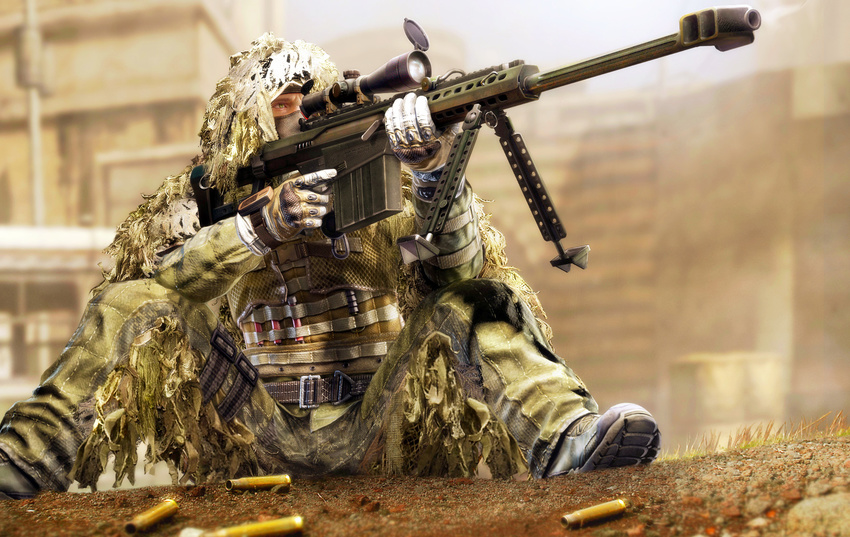 aiming anti-materiel_rifle barrett_m82 bipod camouflage ghillie_suit gun highres holding holding_gun holding_weapon load_bearing_vest magazine_(weapon) male_focus military original red_star_alliance rifle scope shell_casing sniper_rifle solo trigger_discipline weapon