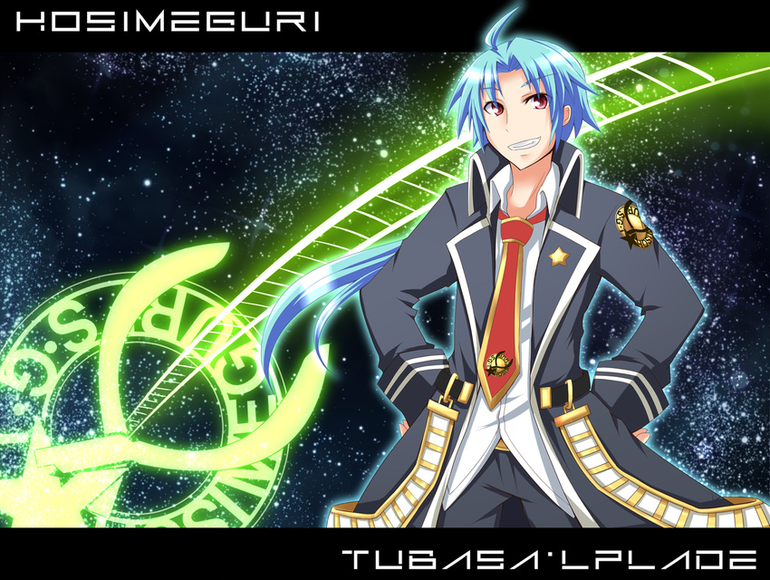 blue_hair character_name grin hands_on_hips highres letterboxed long_hair male_focus minato_teisyoku necktie original pixiv_robot_wars_gaia red_eyes smile solo tsubasa_lplade