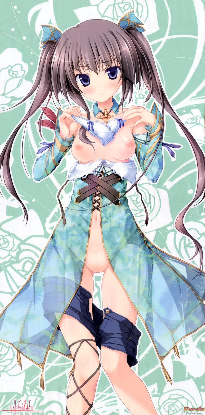 :&lt; absurdres ankle_lace-up blue_eyes breasts brown_hair cross-laced_footwear dress dripping floral_background green_background hapymaher highres hirasaka_keiko holding holding_panties huge_filesize knees_together looking_at_viewer nipples no_bra open_clothes open_dress panties panties_removed presenting scan see-through short_shorts shorts shorts_pull simple_background small_breasts standing thigh_gap tsukimori_hiro twintails underwear