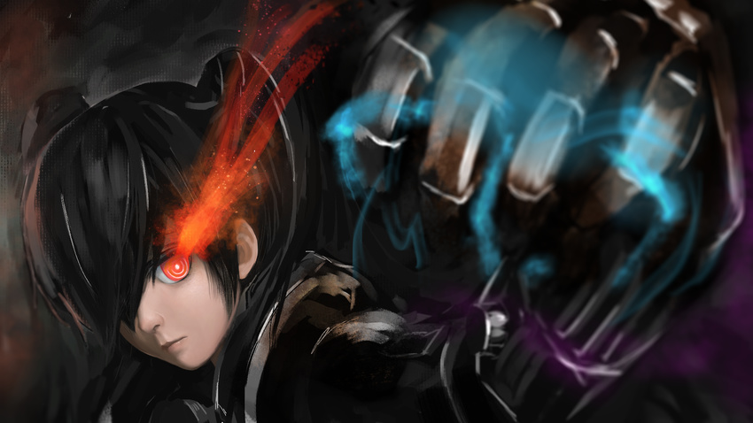 aki99 black_hair black_rock_shooter glowing highres insane_black_rock_shooter long_hair md5_mismatch red_eyes solo twintails