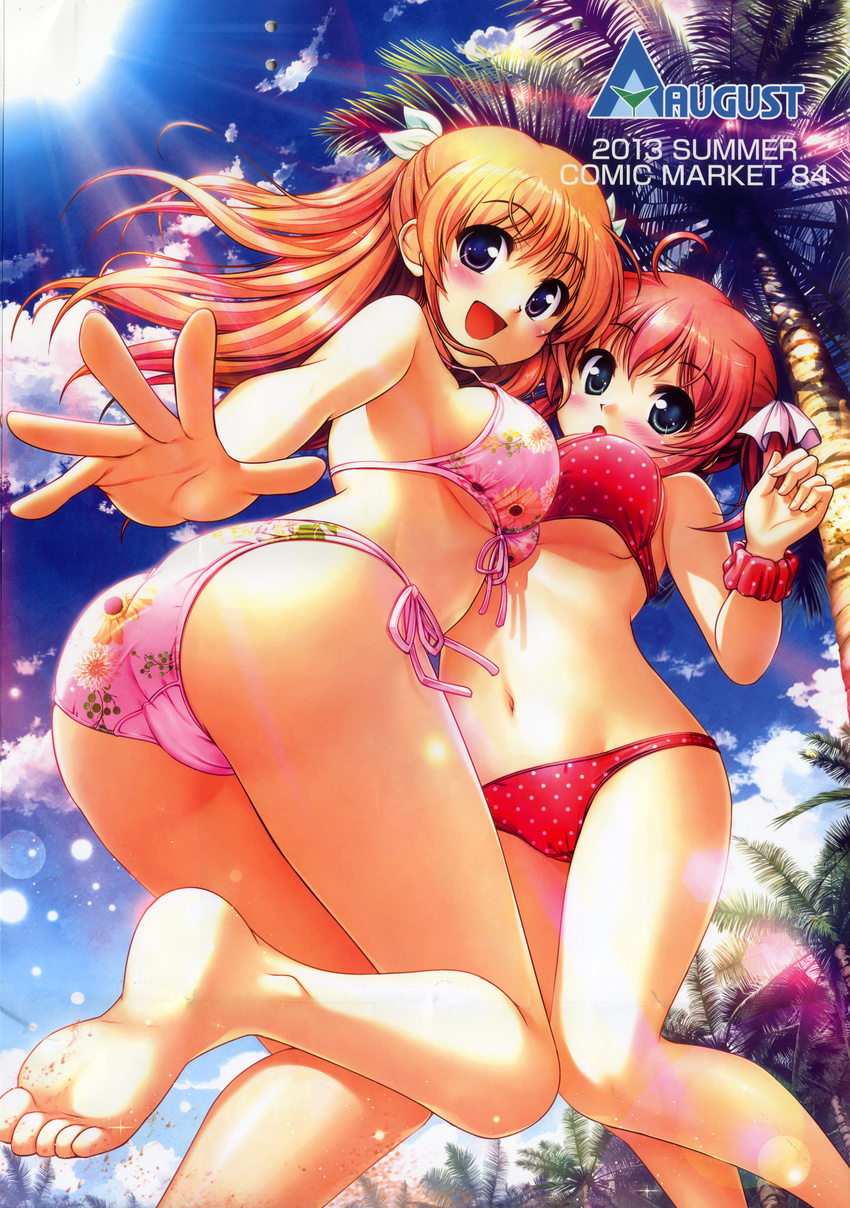 :d absurdres ass barefoot beach bekkankou bikini blonde_hair blue_eyes blush breasts cameltoe cloud daitoshokan_no_hitsujikai day feet floral_print front-tie_top highres huge_filesize kodachi_nagi large_breasts legs lens_flare light_rays long_hair multiple_girls navel open_mouth outdoors palm_tree pink_hair polka_dot polka_dot_bikini polka_dot_swimsuit scan shiny shiny_skin shirasaki_tsugumi short_hair side-tie_bikini sky smile soles sun sunbeam sunlight swimsuit toes tree underboob