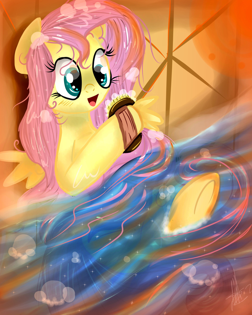 blush bubble bubbles equine female feral fluttershy_(mlp) friendship_is_magic fur green_eyes hair hi_res horse lebrestadrubil long_hair mammal my_little_pony open_mouth pegasus pink_hair pony scrub_brush smile solo tongue water wet wings yellow_fur