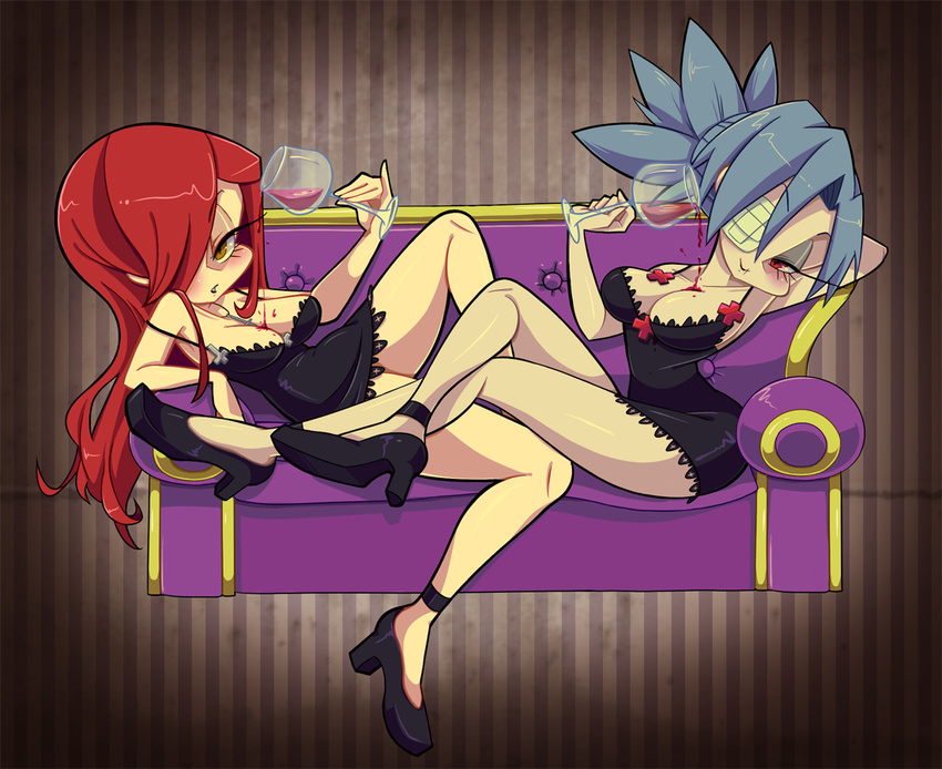 alcohol anklet bad_id bad_tumblr_id bare_legs between_breasts blue_hair breasts chemise couch cross cross_necklace cup drinking_glass eyelashes eyepatch eyeshadow hair_over_one_eye half-closed_eyes high_heels inverted_cross jewelry large_breasts long_hair makeup multiple_girls naughty_face necklace pale_skin parasoul_(skullgirls) pinky_out ponytail reclining red_cross red_eyes red_hair sakiko_(gekiama) skullgirls spill strap_slip valentine_(skullgirls) wine wine_glass yellow_eyes