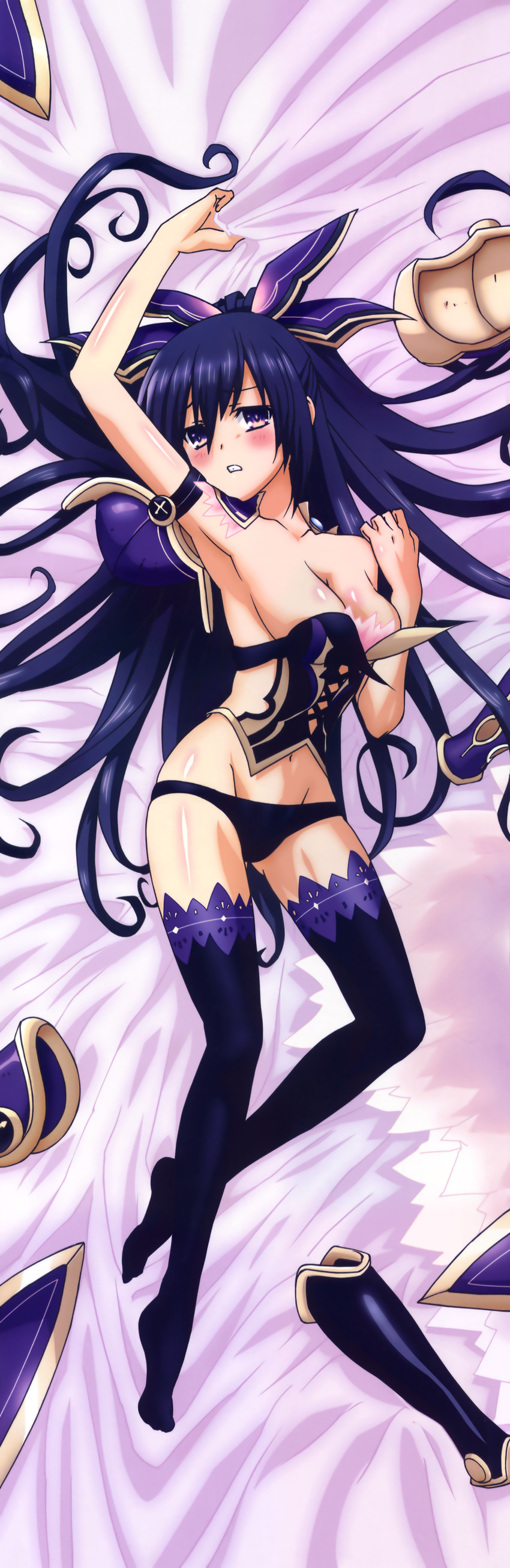 absurdres arm_up armor artist_request bed bed_sheet black_legwear black_panties blush breasts bustier cleavage dakimakura date_a_live from_above full_body highres huge_filesize large_breasts legs looking_at_viewer lying on_back on_bed on_stomach panties purple_eyes purple_hair solo thighhighs underwear yatogami_tooka