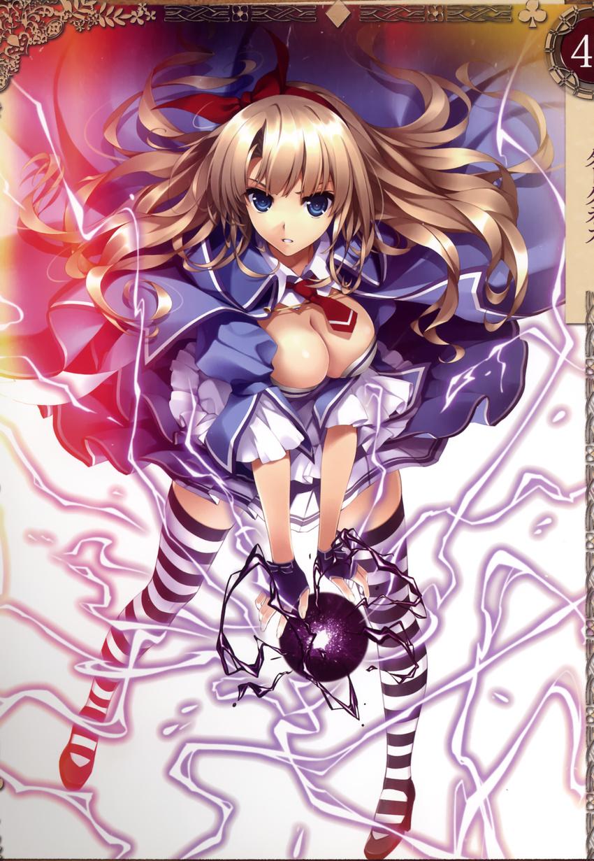 alicia_(queen's_blade) bangs blue_eyes breasts brown_hair cape cleavage fingerless_gloves gloves hair_ribbon high_heels highres large_breasts long_hair looking_at_viewer magic misaki_kurehito necktie non-web_source official_art pleated_skirt queen's_blade queen's_blade_grimoire red_neckwear ribbon scan short_sleeves simple_background skirt solo striped striped_legwear thighhighs white_background zettai_ryouiki