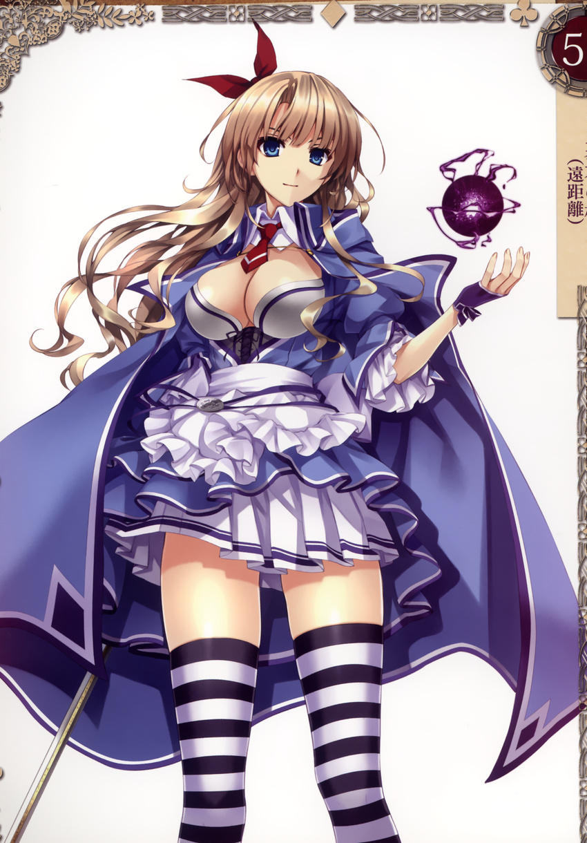 alicia_(queen's_blade) bangs blue_eyes breasts brown_hair cape cleavage fingerless_gloves gloves hair_ribbon highres holding holding_weapon large_breasts long_hair looking_at_viewer magic misaki_kurehito necktie non-web_source official_art pleated_skirt queen's_blade queen's_blade_grimoire red_neckwear ribbon scan short_sleeves simple_background skirt smile solo sword thighhighs weapon white_background zettai_ryouiki