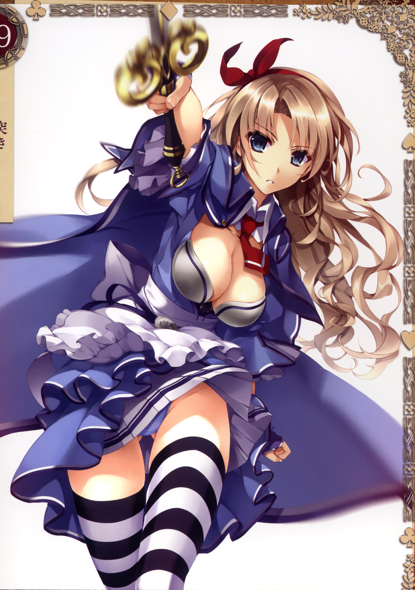 alicia_(queen's_blade) bangs blue_eyes breasts brown_hair cape cleavage eyebrows_visible_through_hair fingerless_gloves frills gloves hair_ribbon highres holding holding_weapon large_breasts long_hair misaki_kurehito necktie non-web_source official_art panties queen's_blade queen's_blade_grimoire ribbon scan short_sleeves skirt solo striped striped_legwear sword underwear weapon white_panties