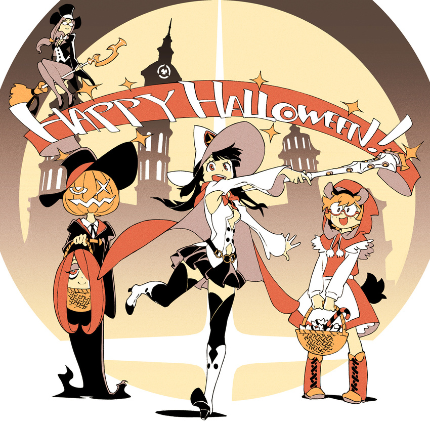 4girls akko_kagari animal_ears basket boots dress glasses halloween hat jack-o'-lantern jack-o'-lantern little_witch_academia lotte_yanson multiple_girls official_art pumpkin shiny_chariot skirt smile sucy_manbabalan tail top_hat trigger_(company) wand witch_hat yoshinari_you