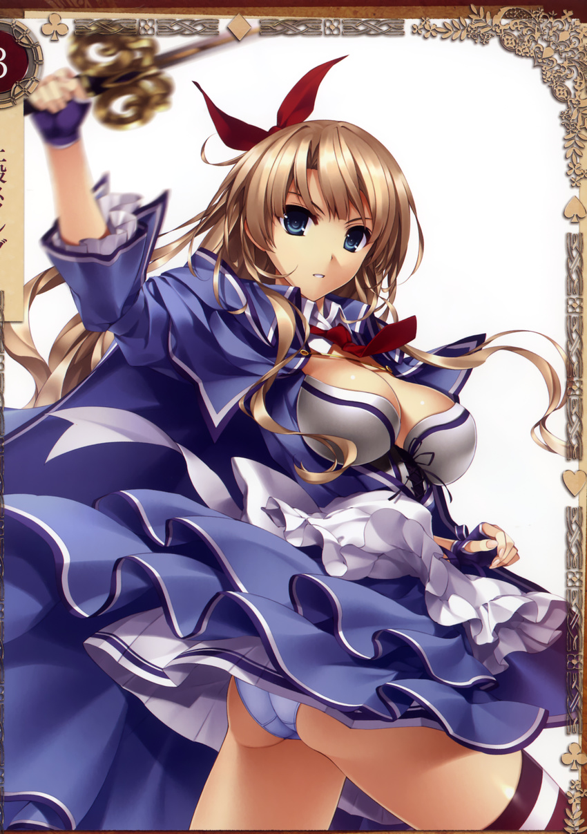 alicia_(queen's_blade) bangs blue_eyes breasts brown_hair cape cleavage eyebrows_visible_through_hair fingerless_gloves gloves hair_ribbon highres holding holding_weapon large_breasts long_hair looking_at_viewer looking_back misaki_kurehito necktie non-web_source official_art panties pleated_skirt queen's_blade queen's_blade_grimoire red_neckwear ribbon scan short_sleeves skirt striped striped_legwear underwear weapon white_background