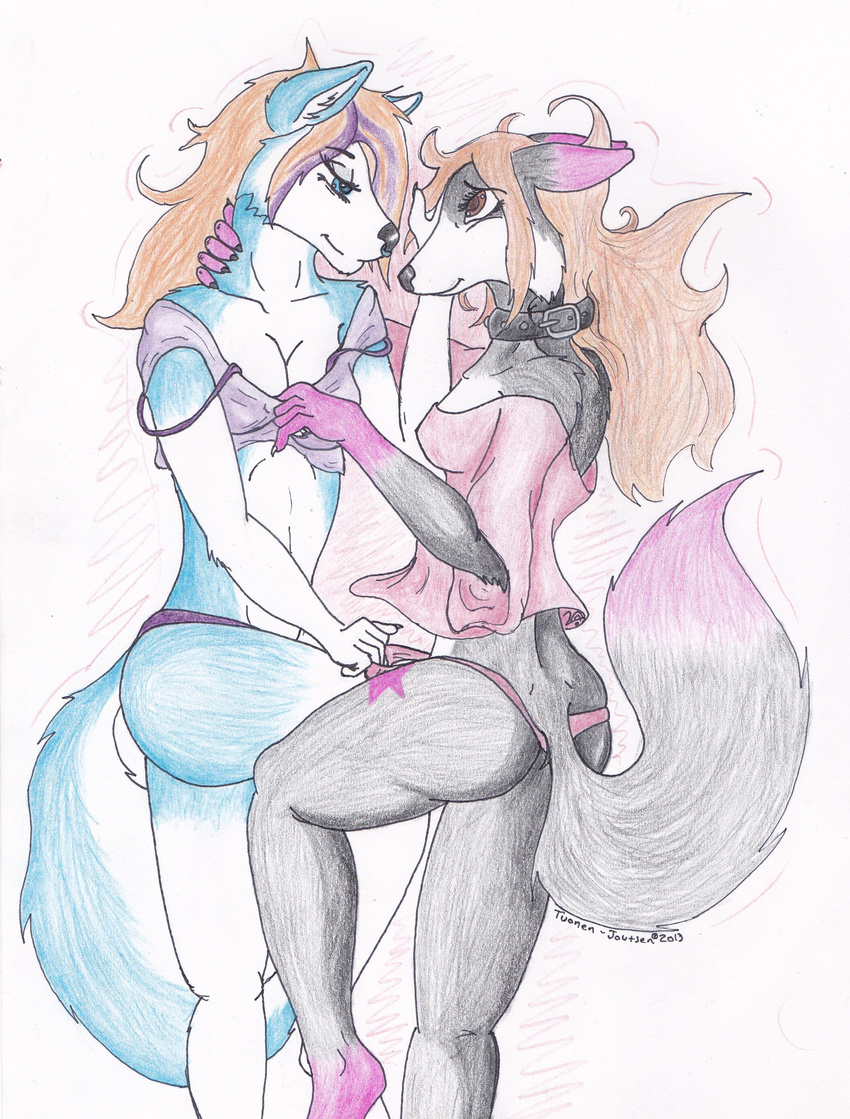 canine clothed clothing couple cuddling duo female hug lesbian mammal shy skimpy smile tuonen-joutsen