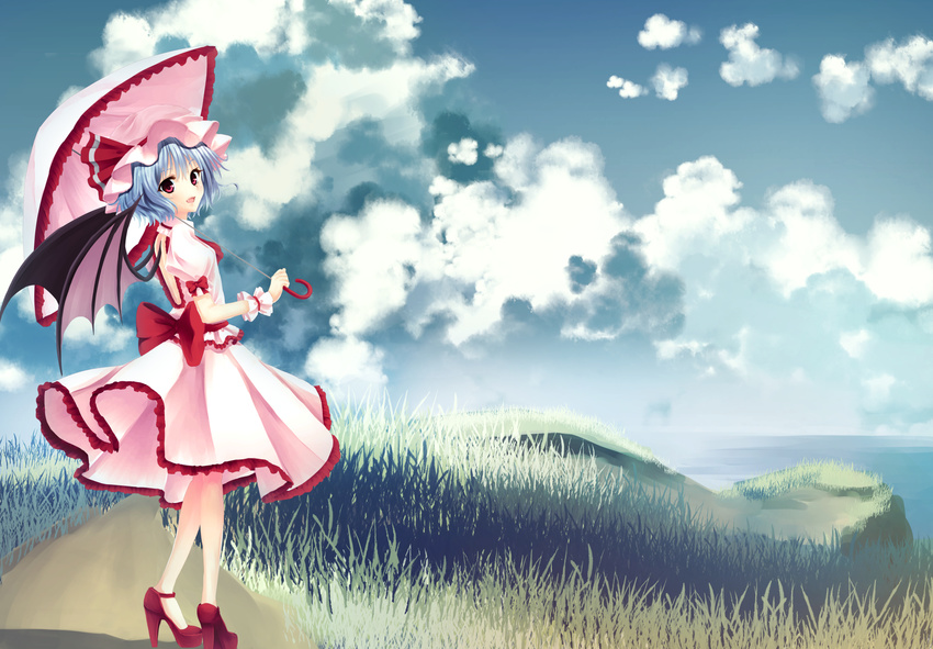 :d ascot backless_dress backless_outfit bat_wings blouse blue_hair bow cloud cloudy_sky collared_shirt day dress fang frilled_dress frilled_shirt frilled_skirt frills grass hat hat_bow highres holding junior27016 large_bow looking_at_viewer looking_back mob_cap nature no_socks open_mouth parasol path pink_dress pink_shirt puffy_sleeves pumps red_eyes red_footwear remilia_scarlet ribbon road shirt shoes short_sleeves skirt skirt_set sky smile solo standing touhou umbrella water wings wrist_cuffs