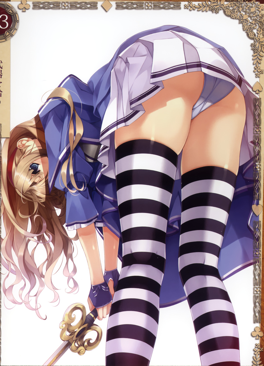 alicia_(queen's_blade) ass bent_over blue_eyes brown_hair cape fingerless_gloves frills from_behind gloves hair_ribbon highres kneepits legs long_hair looking_back misaki_kurehito panties queen's_blade queen's_blade_grimoire ribbon scan skirt solo striped striped_legwear sword thighhighs underwear weapon white_panties