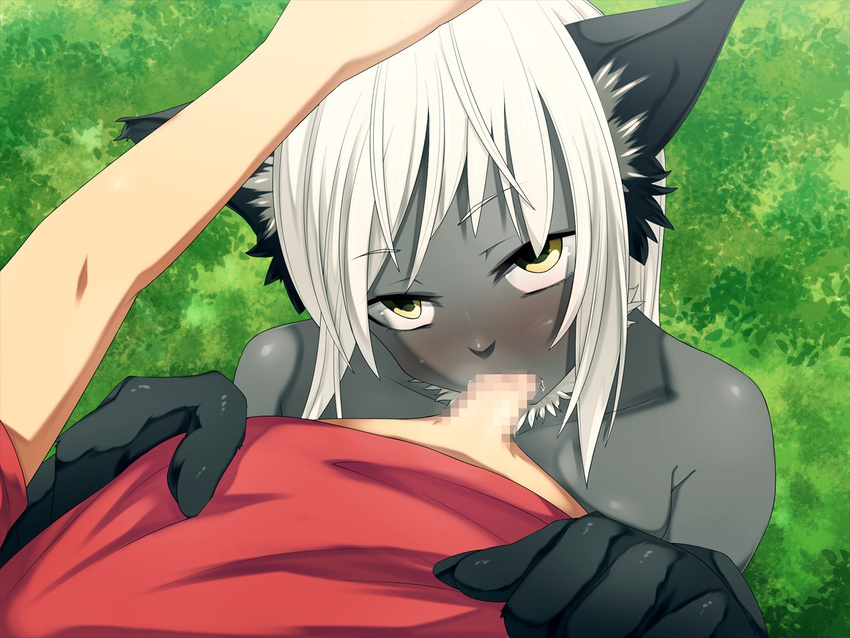 anthro blush bottomless breasts cat_ears catgirl censored drow elf faceless_male female first_person_view hair hatsuen_kikan human human_on_anthro interspecies male mammal nude oral oral_sex penis sex straight white_hair young